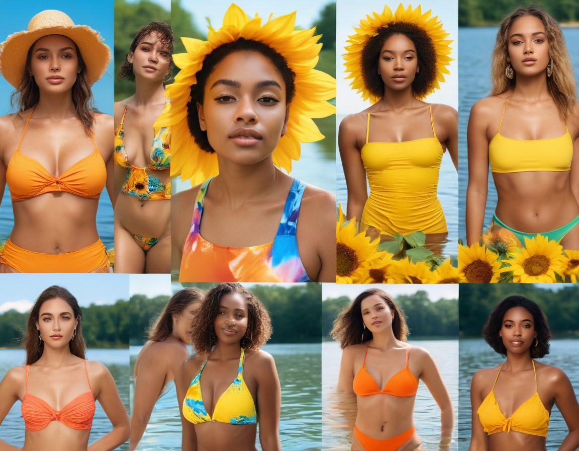 A collage of vibrant swimwear styles with emotional expressions captured on diverse individuals by a serene Atlanta lake. Incorporate summer elements like sunflowers, warm sunlight, and rippling water, blending joy with melancholy. Show contrast between bright swimwear and somber facial expressions, symbolizing hidden stories behind the trends. super-realistic. vibrant colors. warm tones.