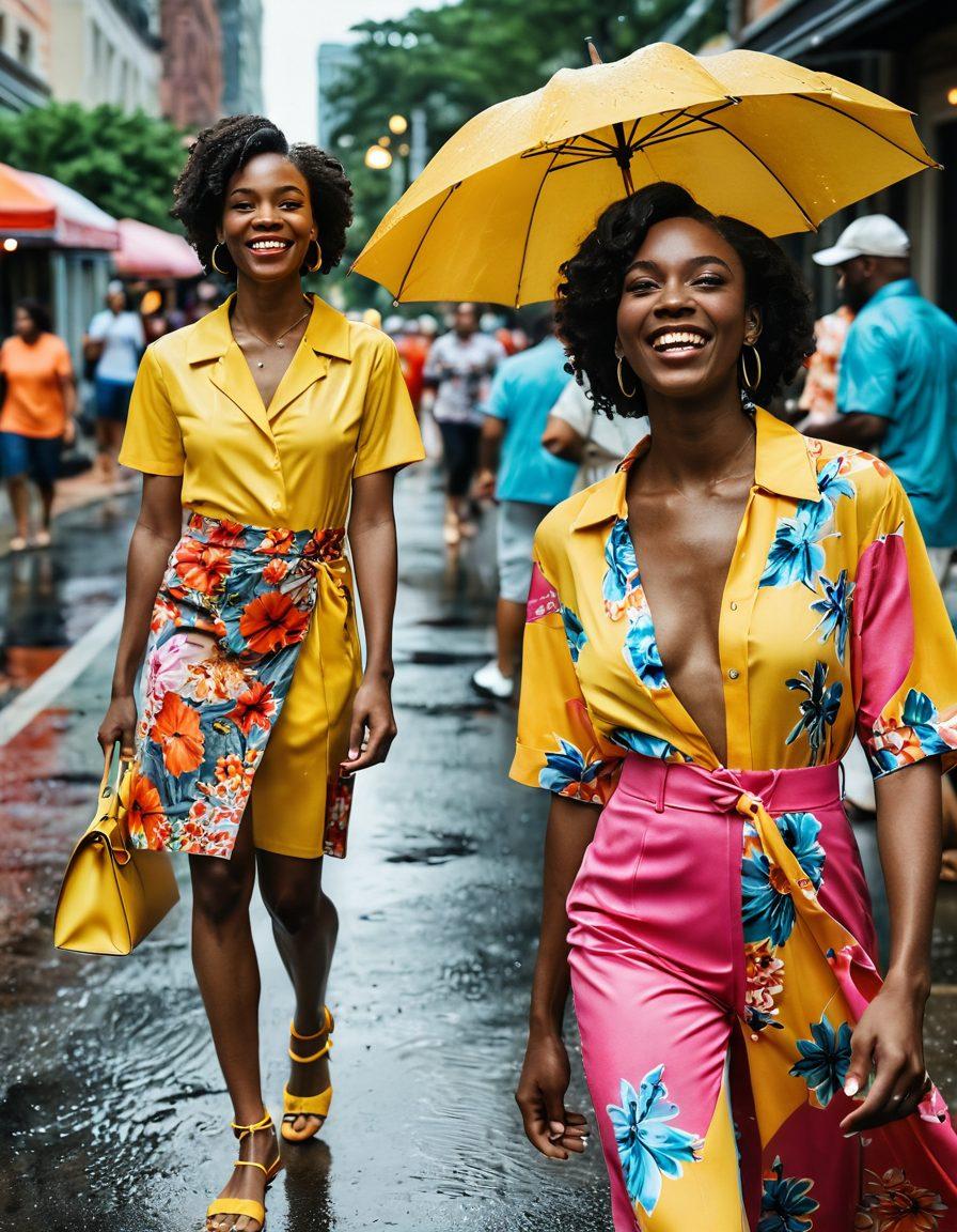 A split scene depicting contrasting summer fashion in Atlanta: on the left, a vibrant, joyful celebration with bright colors, floral patterns, and people laughing in stylish summer outfits; on the right, a somber atmosphere with muted colors, individuals in darker attire reflecting on hidden struggles, faintly drizzling rain in the background. super-realistic. vibrant colors. high detail. atmospheric lighting.